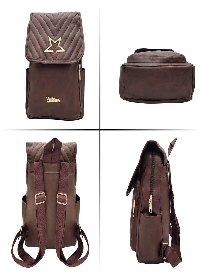 فريتراز حقيبة ظهر من الجلد الصناعي VRITRAZ Star، حقيبة كتف، حقيبة يد للنساء والفتيات، لون قهوة - Image 2